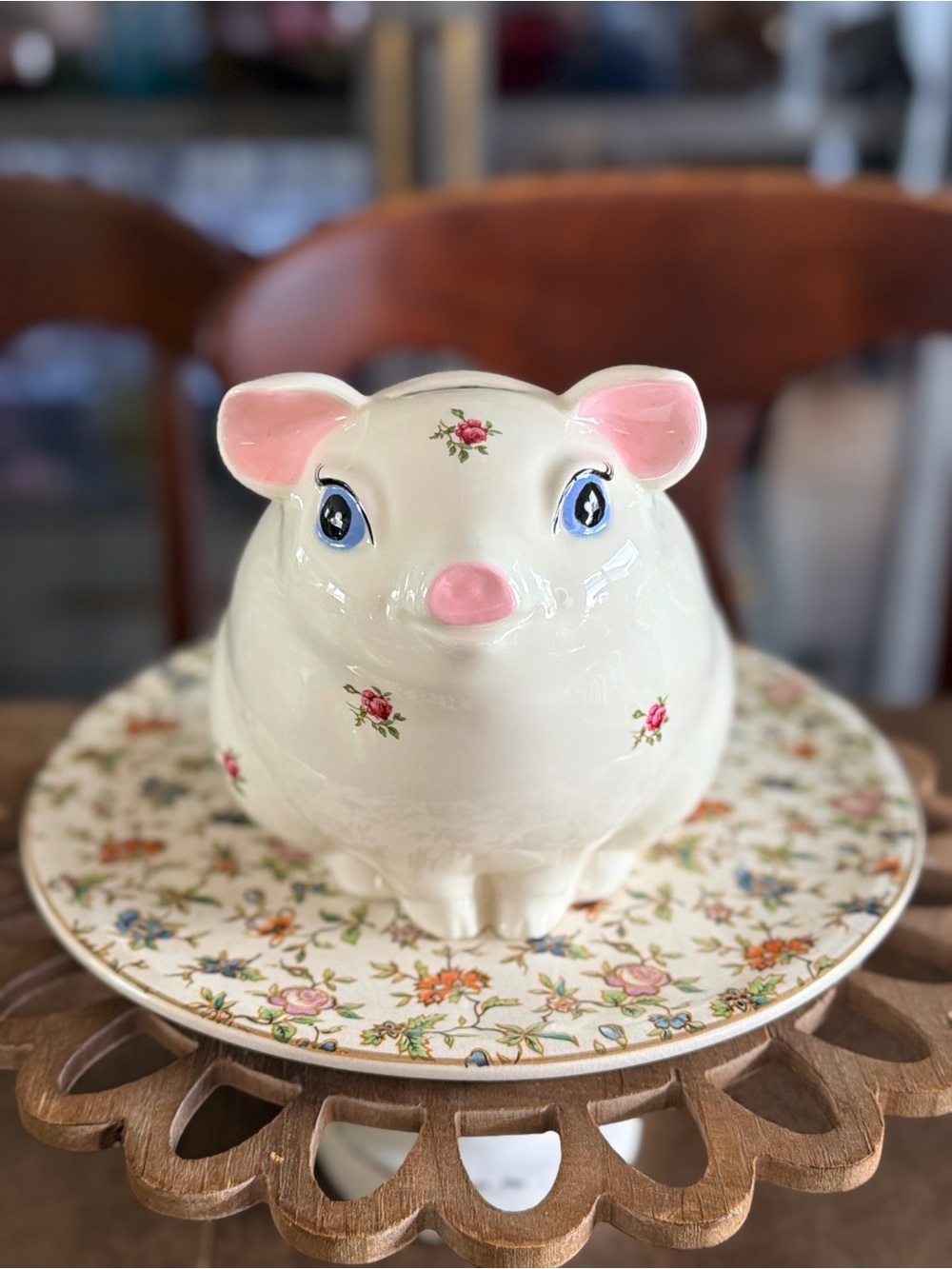 Vintage Ceramic Pig Cookie Jar with Pink Accents and Floral Detail